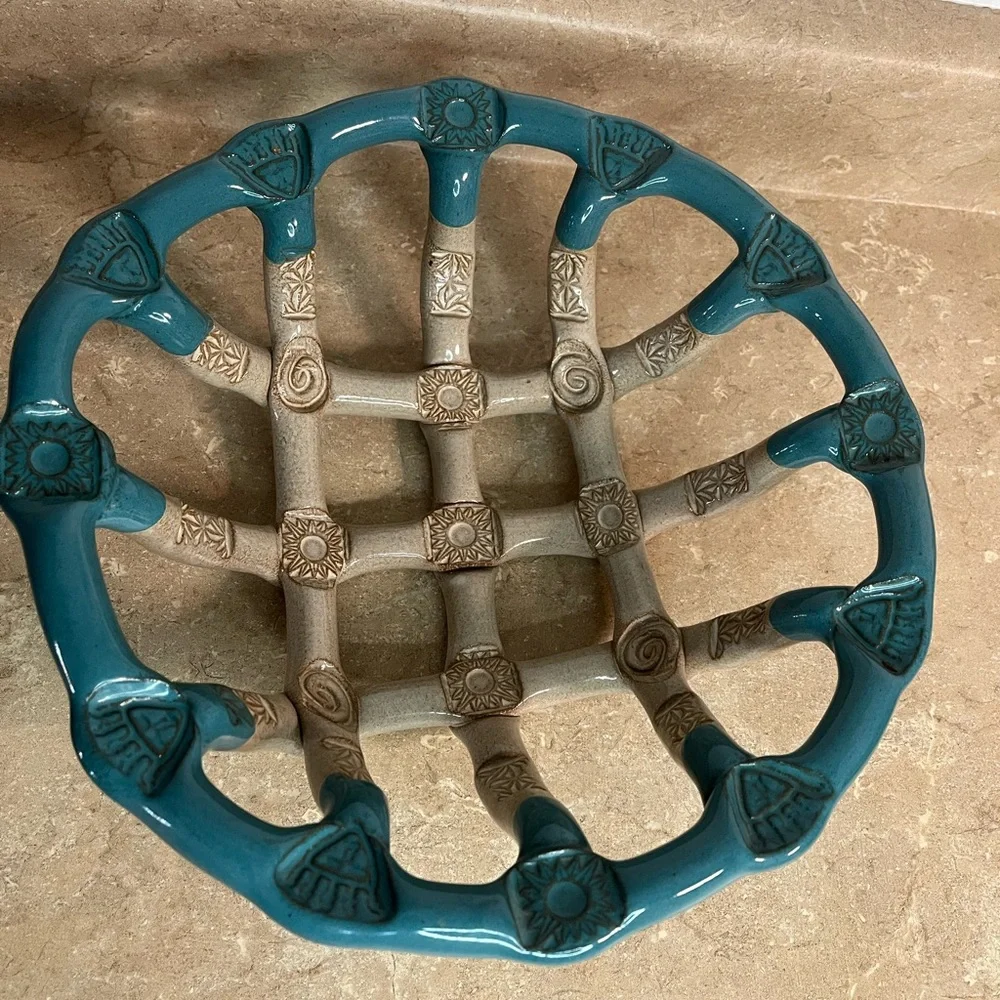 Teal Ceramic Lattice Fruit Bowl